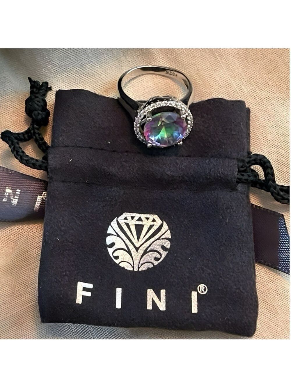 Mystic Topaz Ctr, White Sapphires & Diamond White Gold over Sterling Silver NIB - Picture 12 of 17